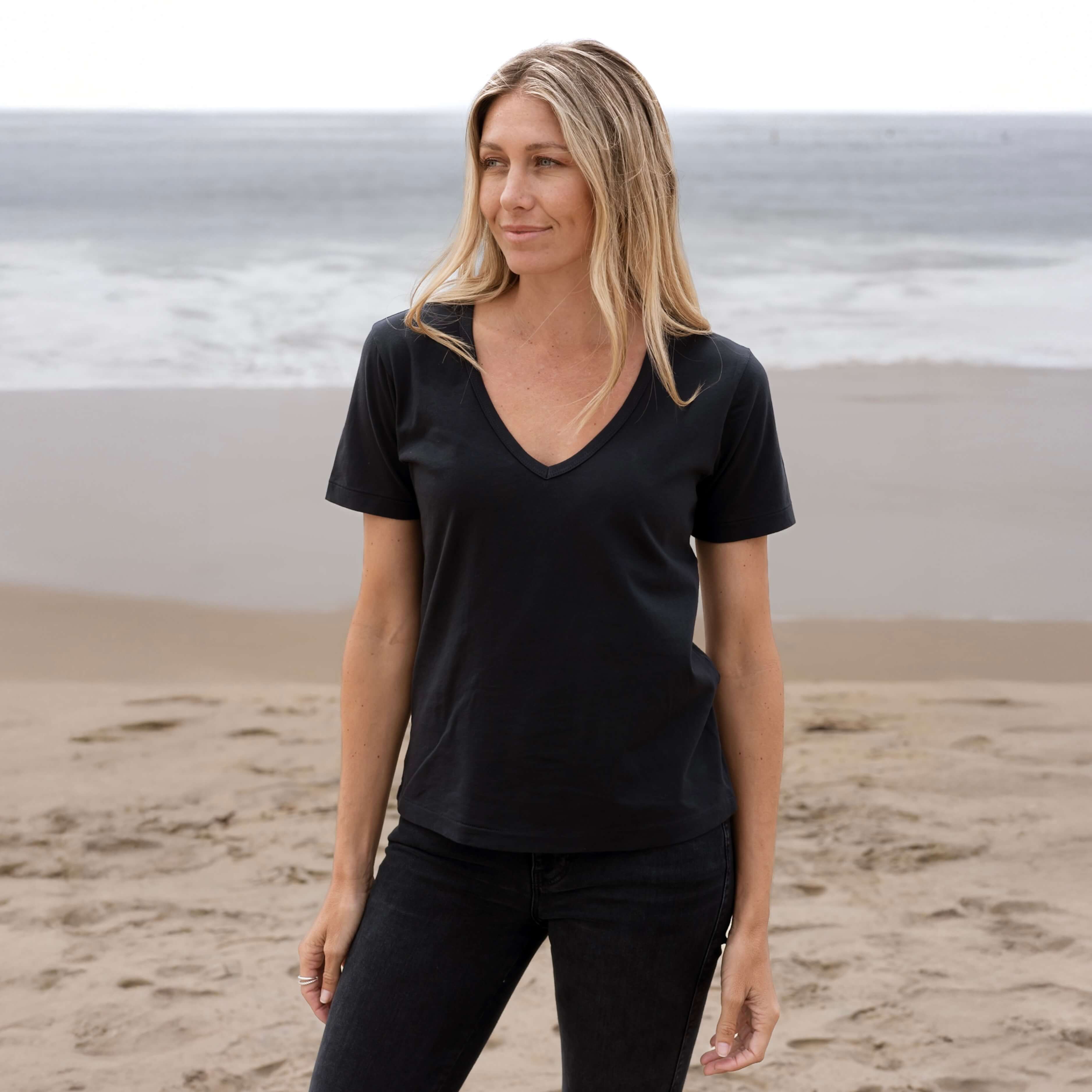 #color_black organic cotton Short Sleeve Deep V-neck t-shirt