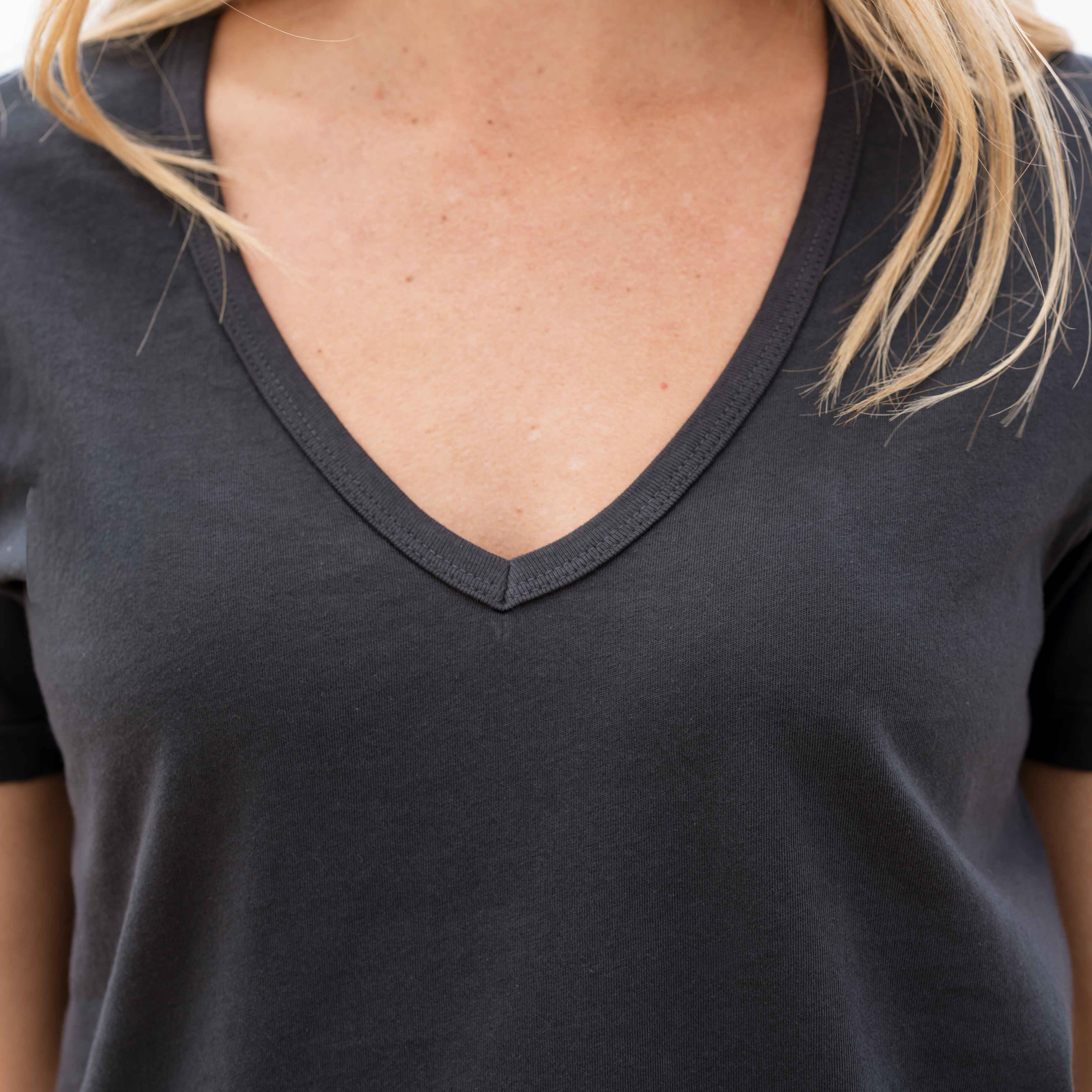 #color_black organic cotton Short Sleeve Deep V-neck t-shirt Close View