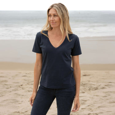 #color_navy-blue organic cotton Short Sleeve Deep V-neck t-shirt Front