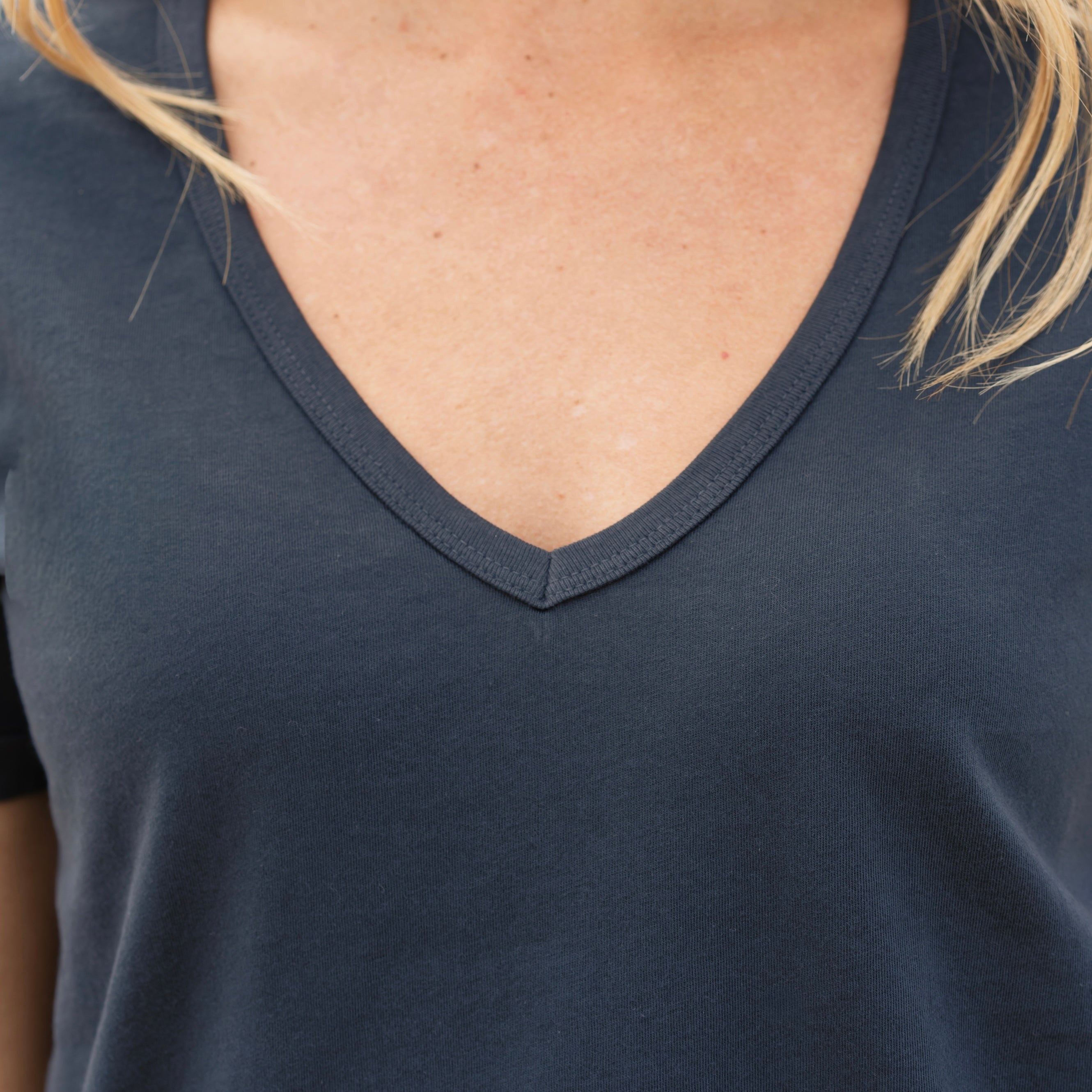 #color_navy-blue organic cotton Short Sleeve Deep V-neck t-shirt Close View