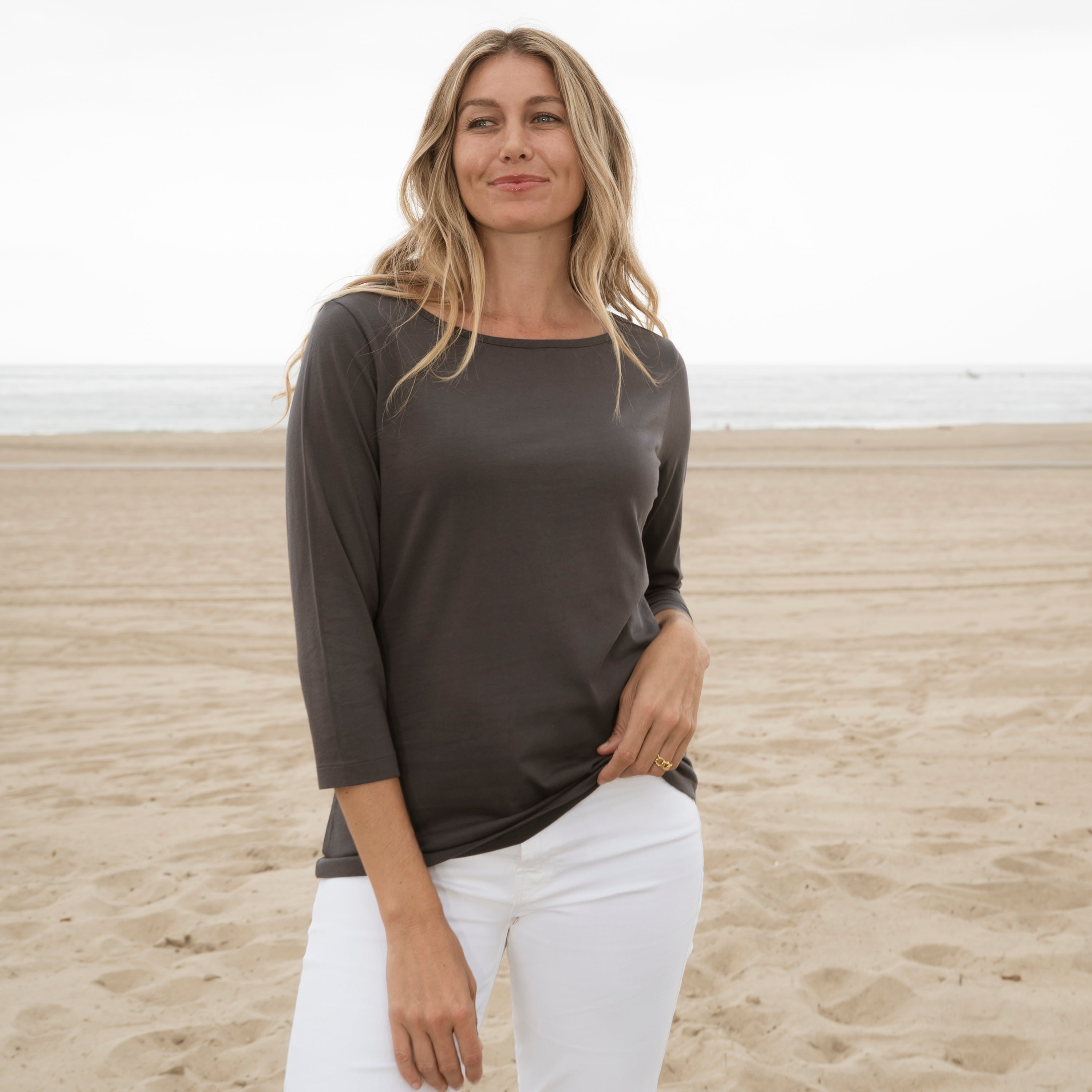 #color_dark-grey organic cotton 3/4 Sleeve Boat Neck Front