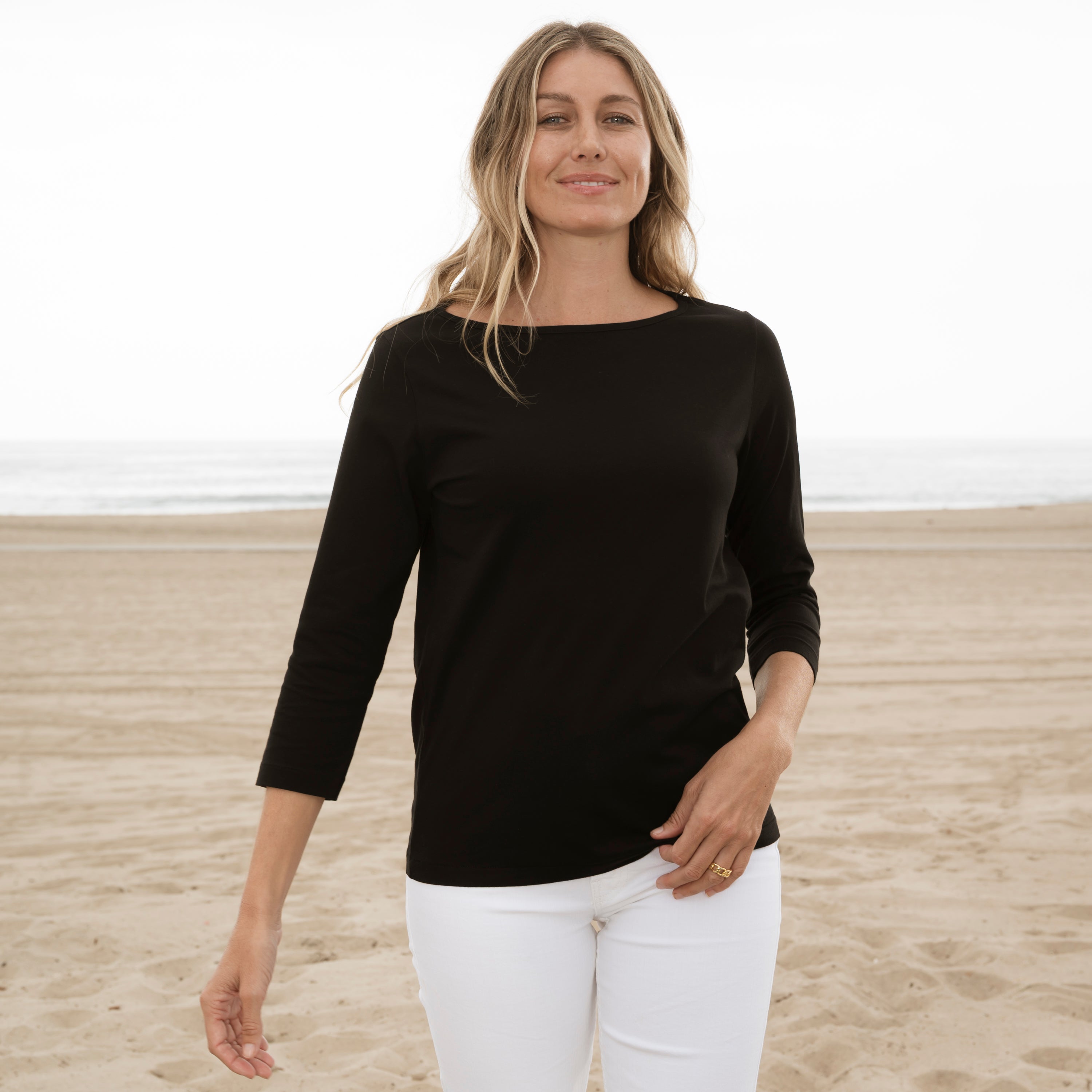 #color_black Womens 3/4 Sleeve Boat Neck T-shirt