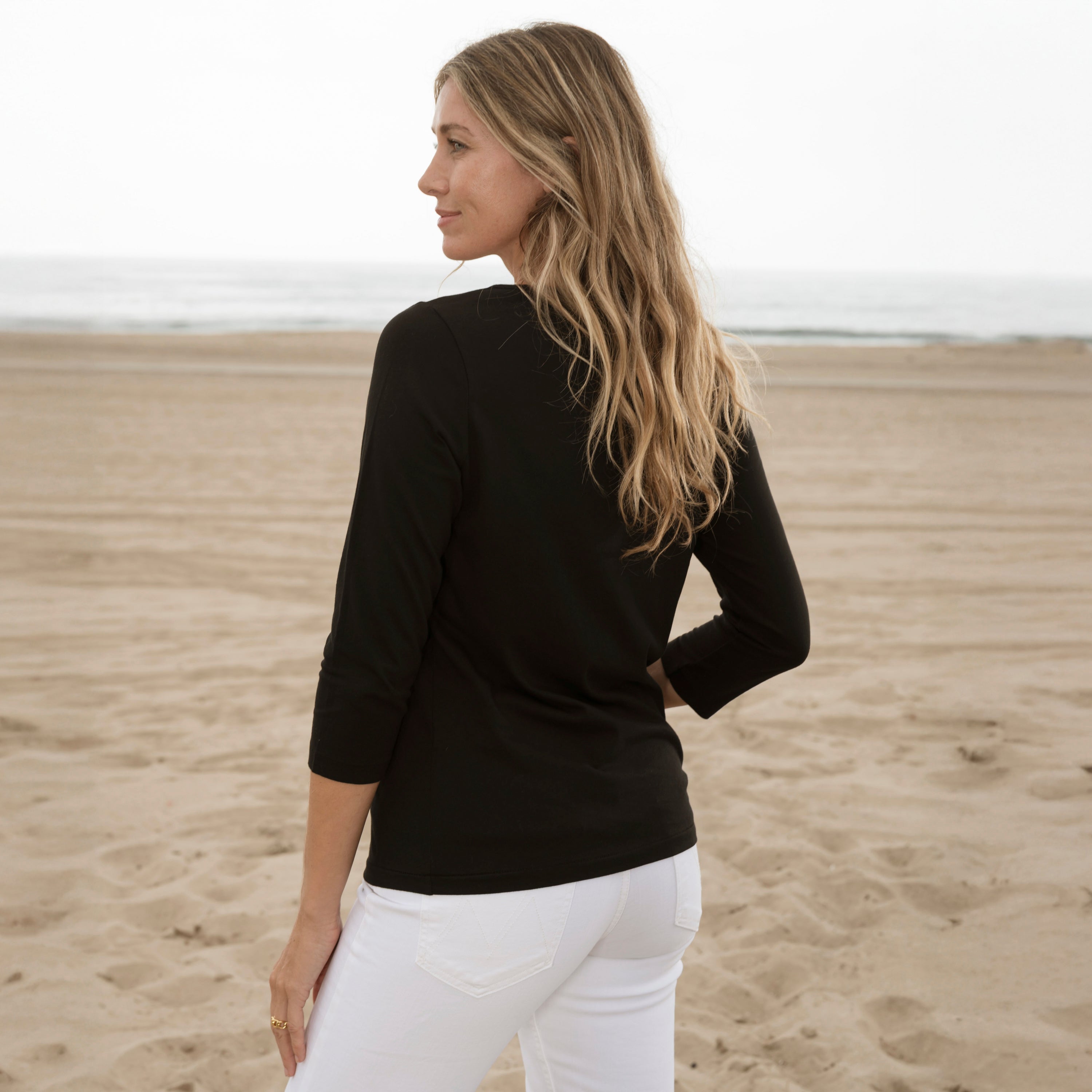 #color_black Womens 3/4 Sleeve Boat Neck T-shirt Side