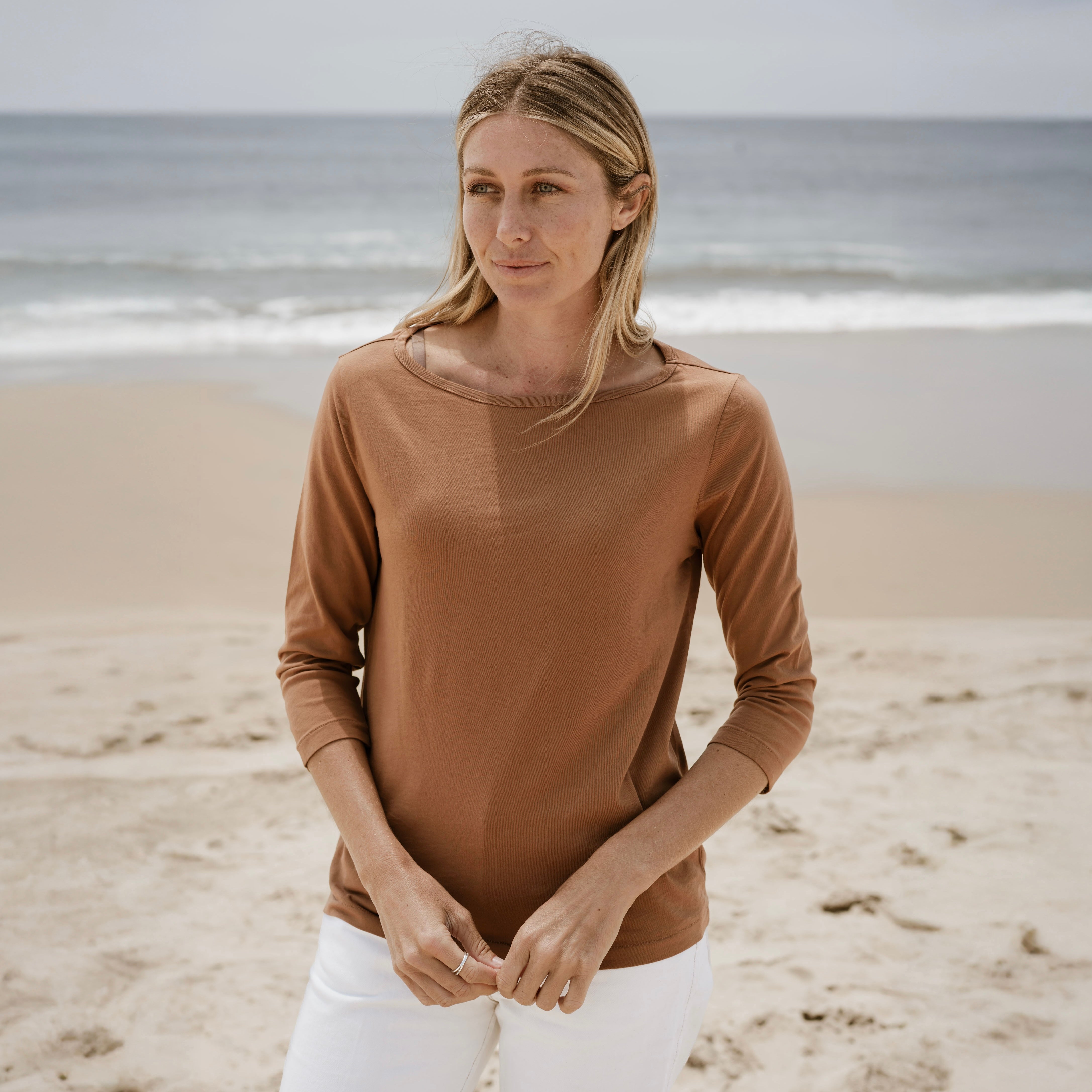 #color_copper organic cotton 3/4 Sleeve Boat Neck t-shirt Front
