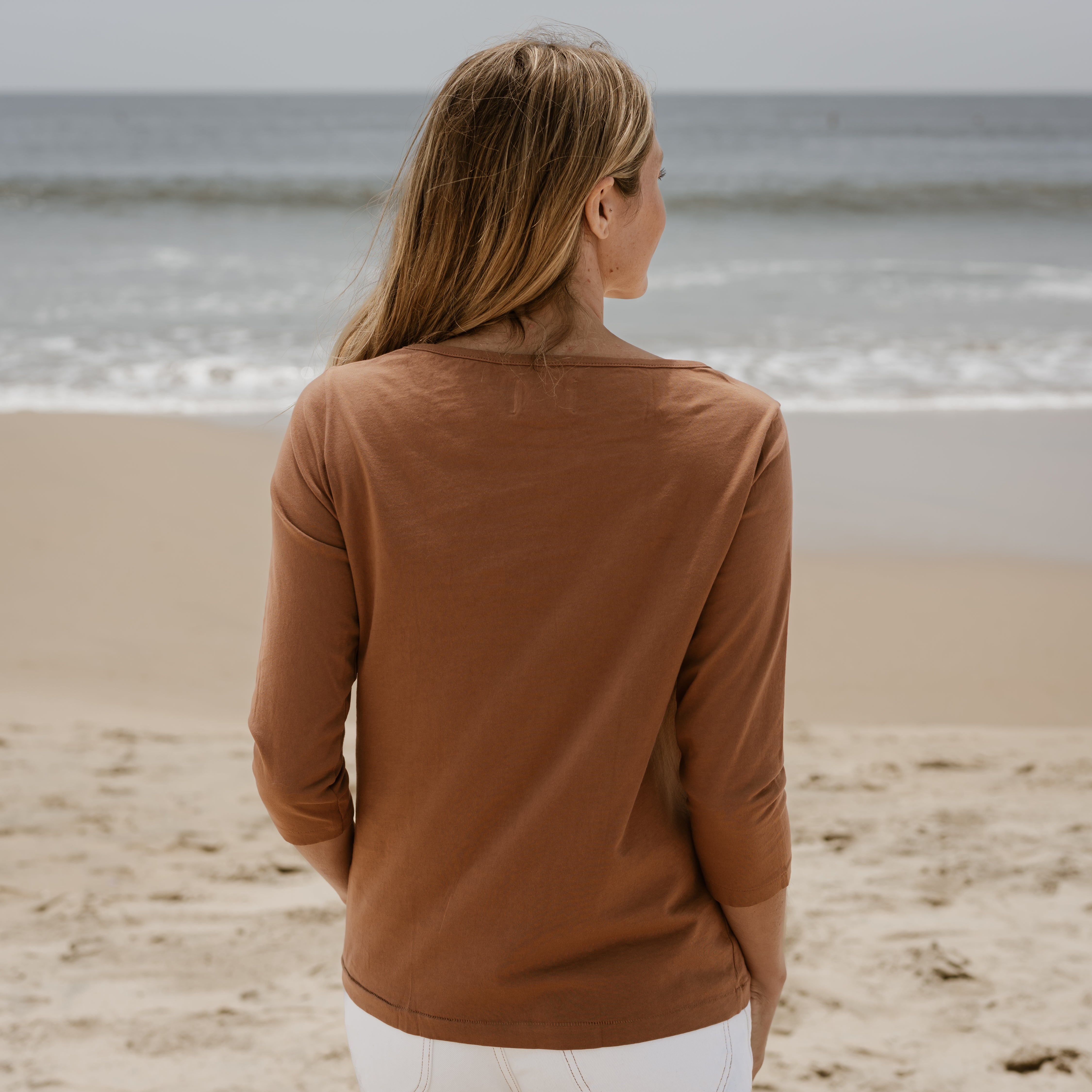 #color_copper organic cotton 3/4 Sleeve Boat Neck t-shirt back