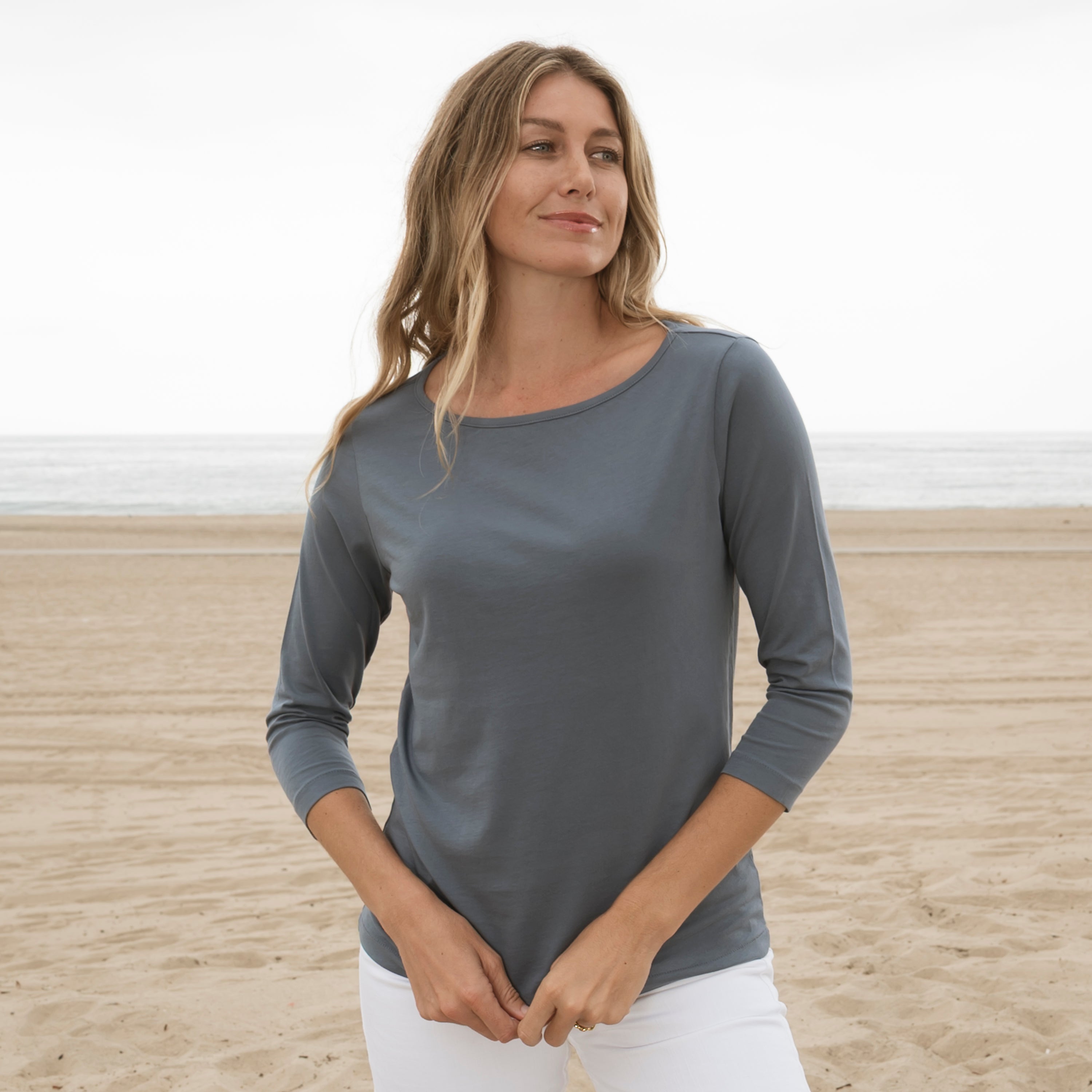 #color_dusk-blue organic cotton 3/4 Sleeve Boat Neck t-shirt Front