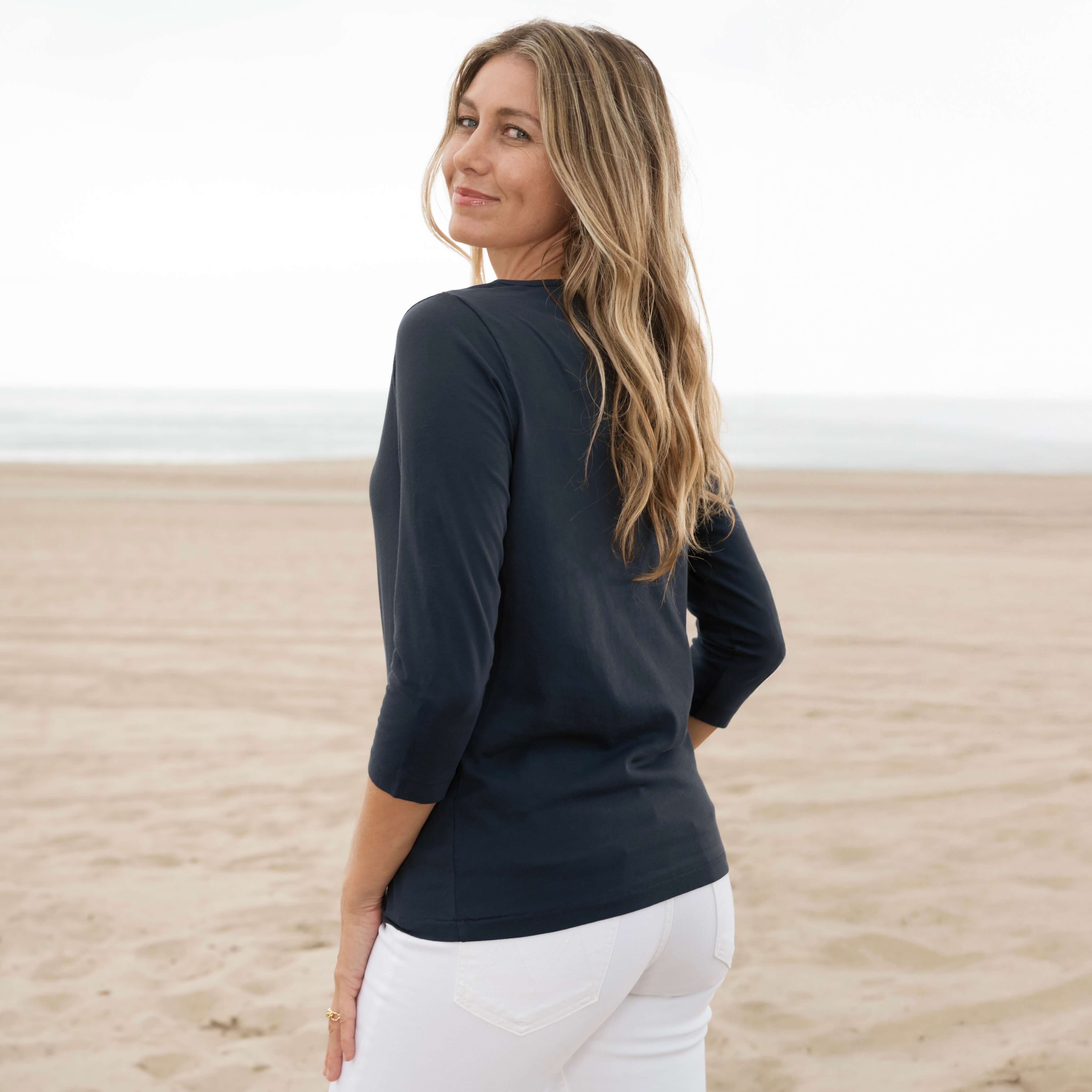 #color_navy-blue organic cotton 3/4 Sleeve Boat Neck Side