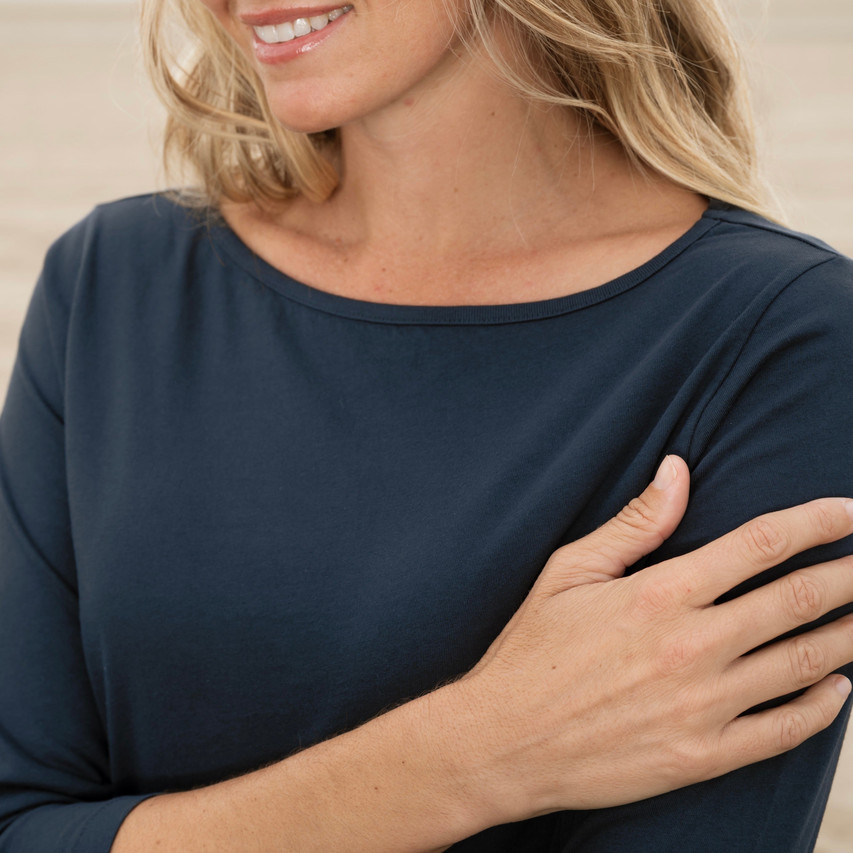 #color_navy-blue organic cotton 3/4 Sleeve Boat Neck Close View
