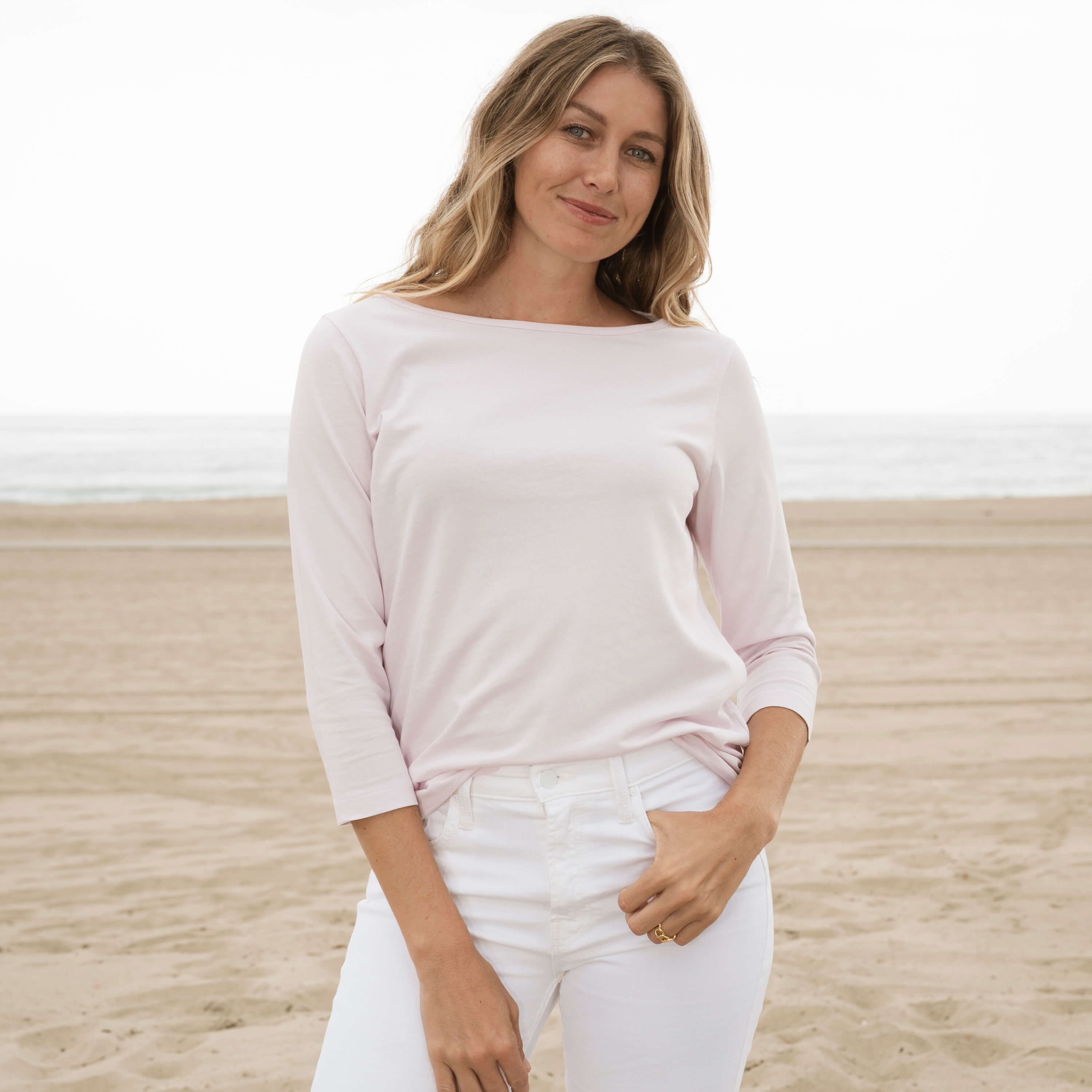 #color_light-pink organic cotton 3/4 Sleeve Boat Neck Front