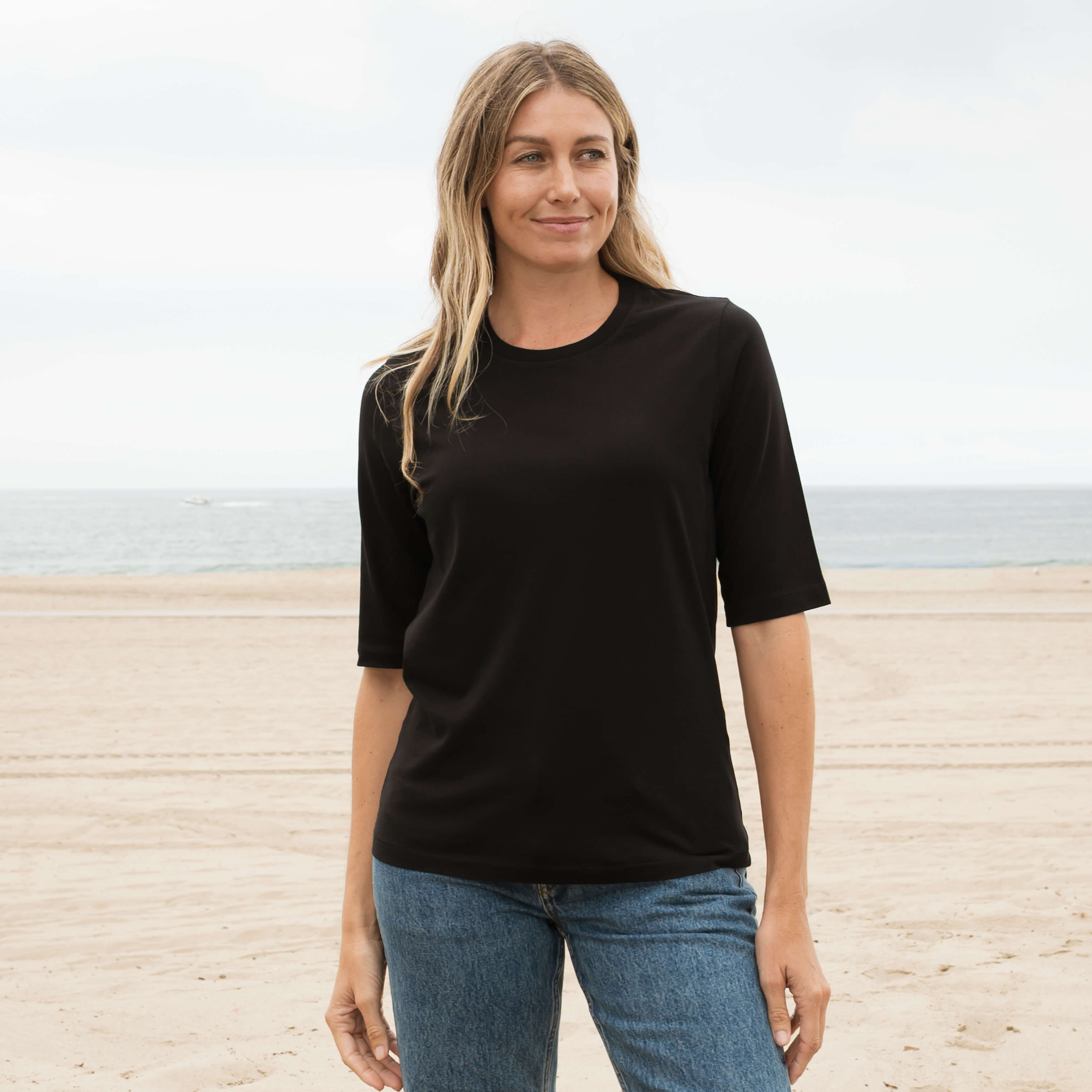 #color_black Womens Elbow Sleeve Crew Neck