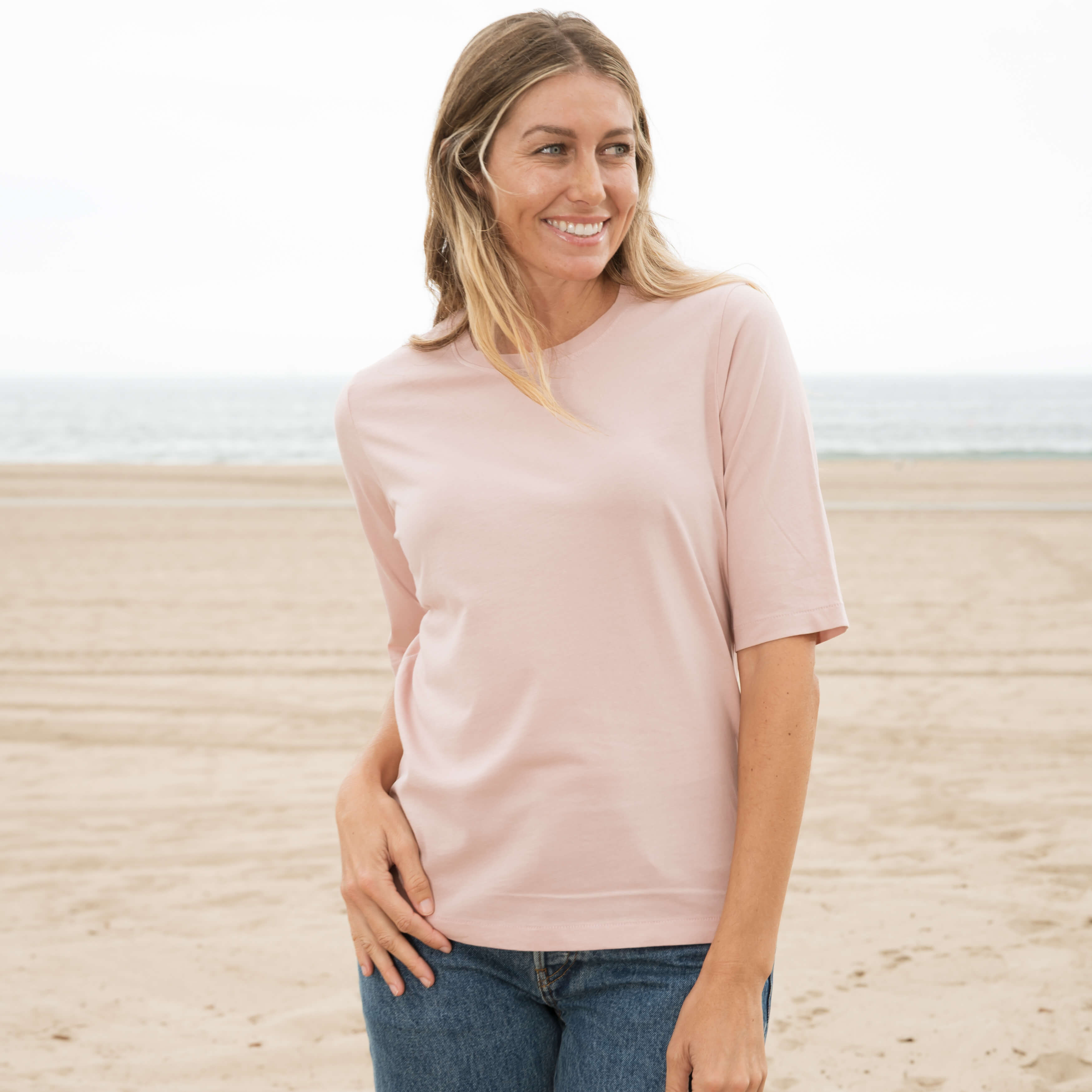 #color_blush Elbow Sleeve Crew Neck