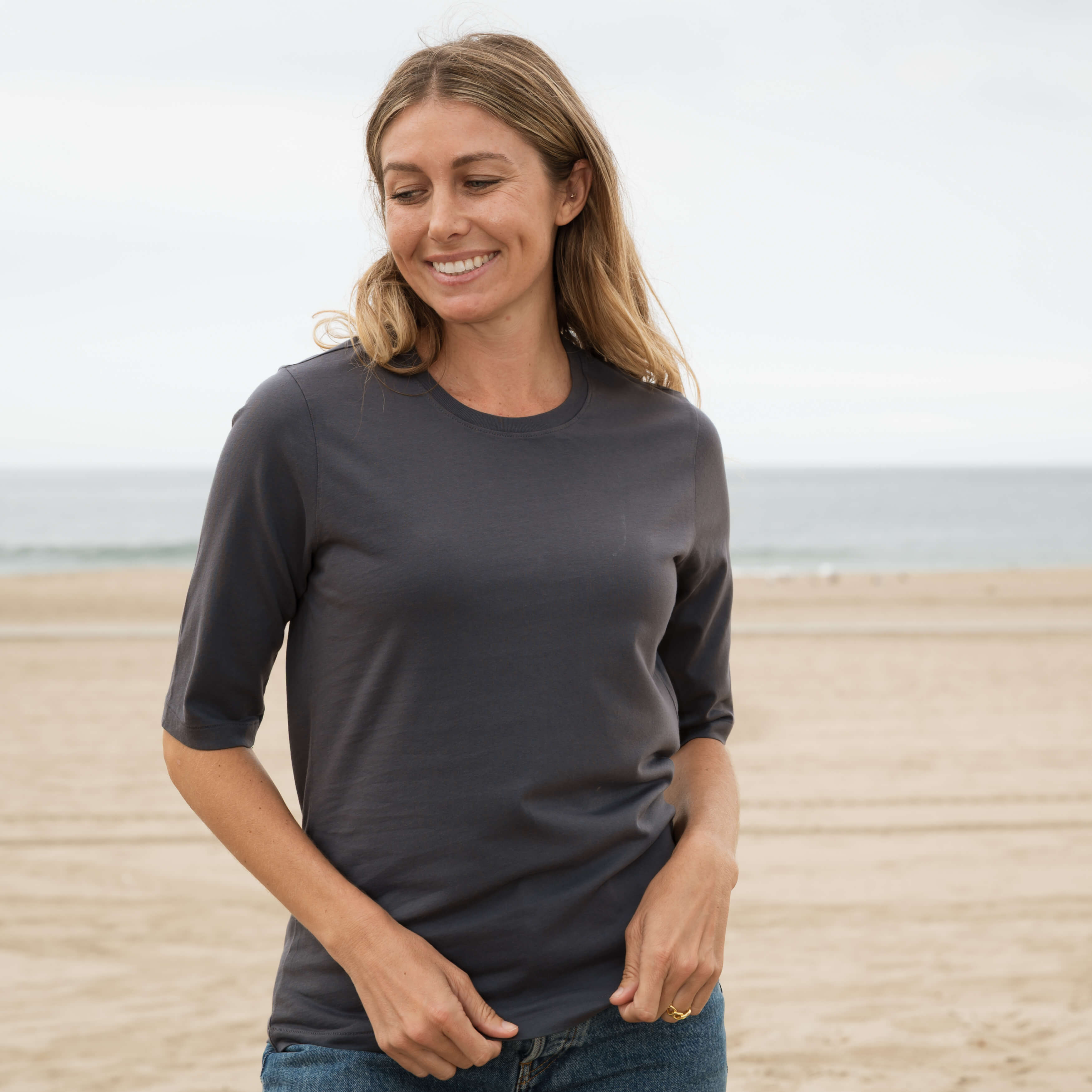 #color_dark-grey Womens Elbow Sleeve Crew Neck close view
