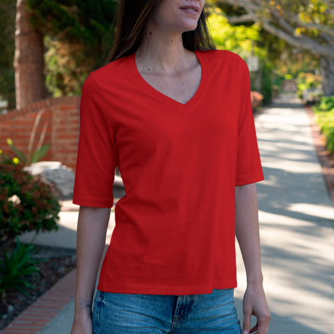 Womens Elbow Sleeve V-Neck Red