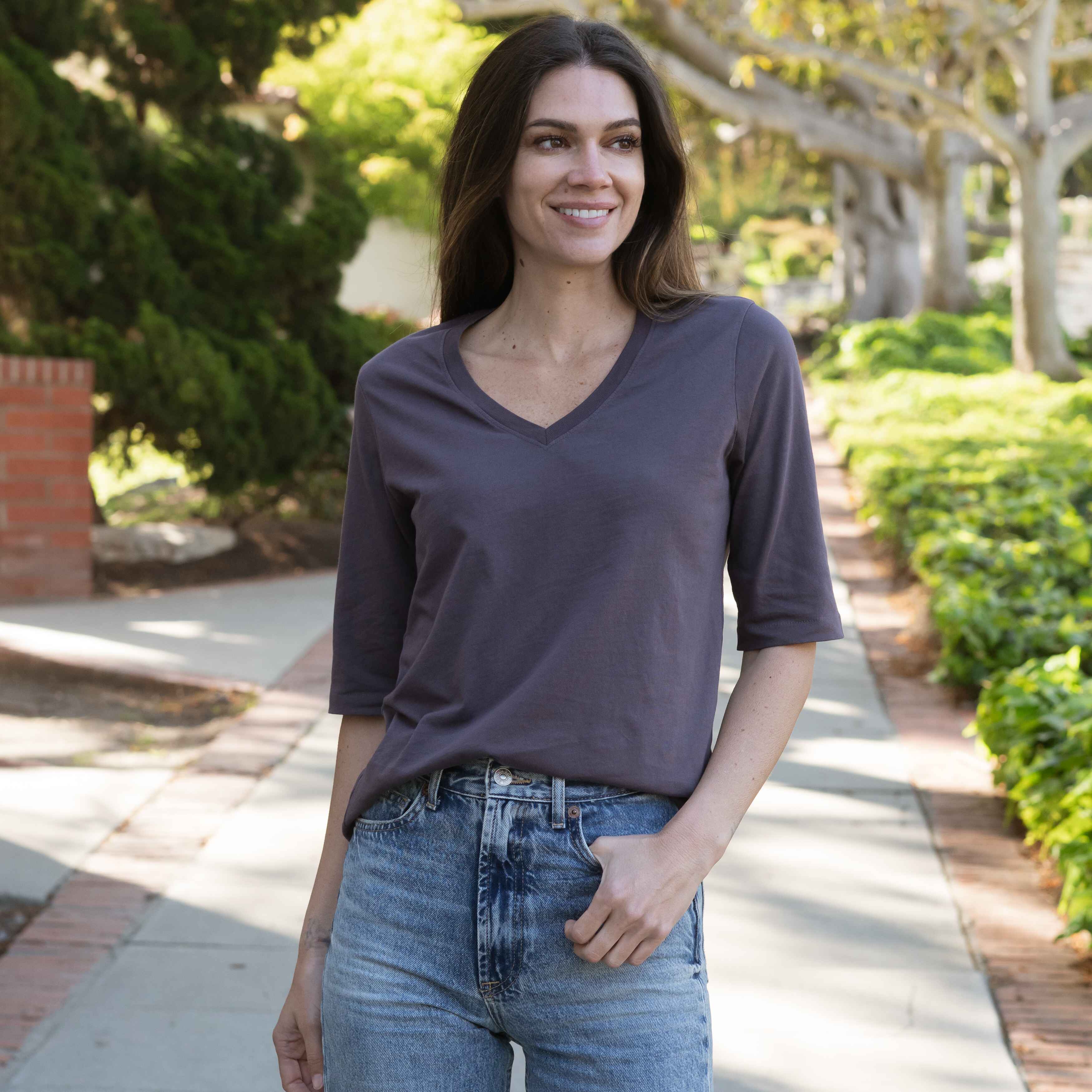 #color_faded-purple Elbow Sleeve V-Neck
