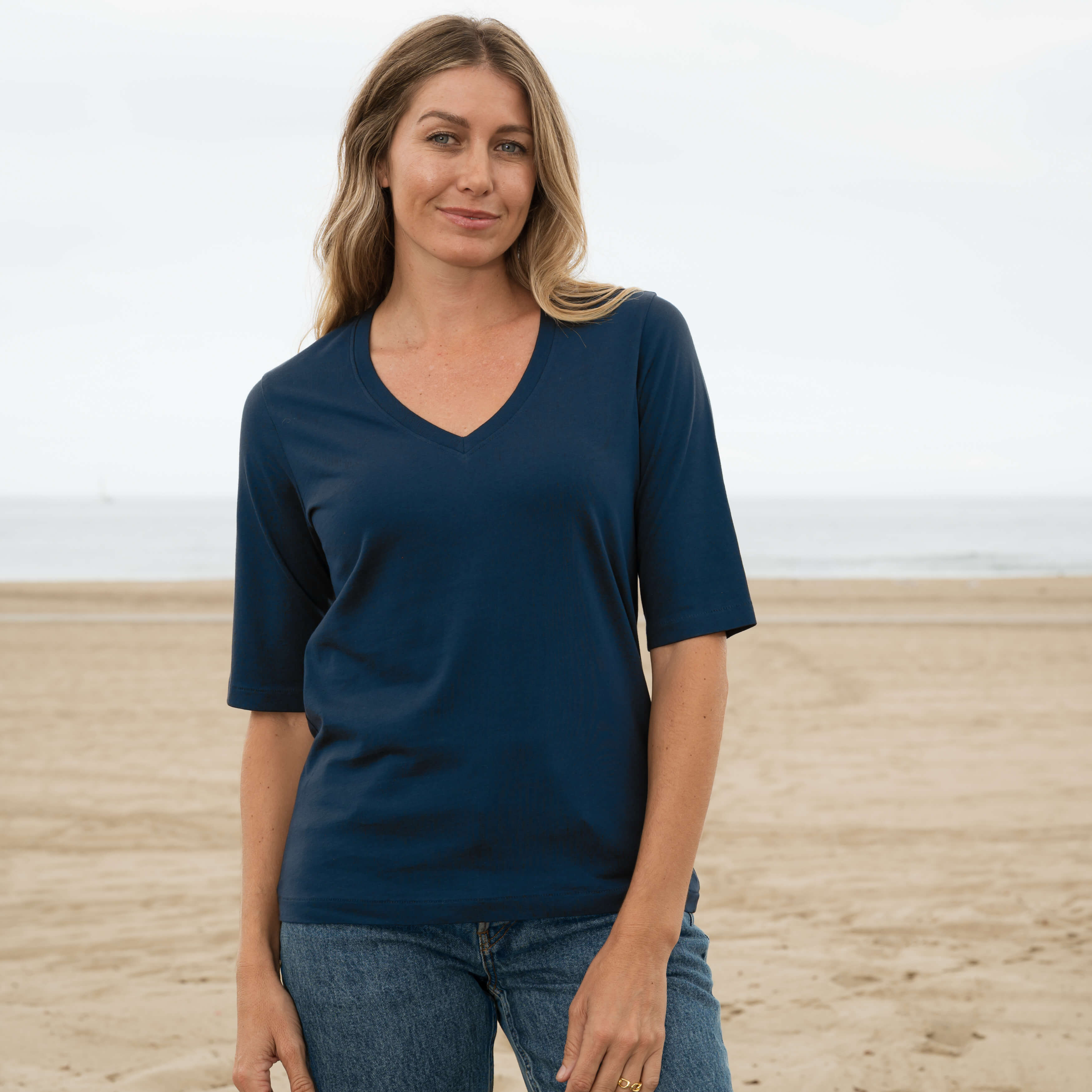 #color_navy-blue Elbow Sleeve V-Neck