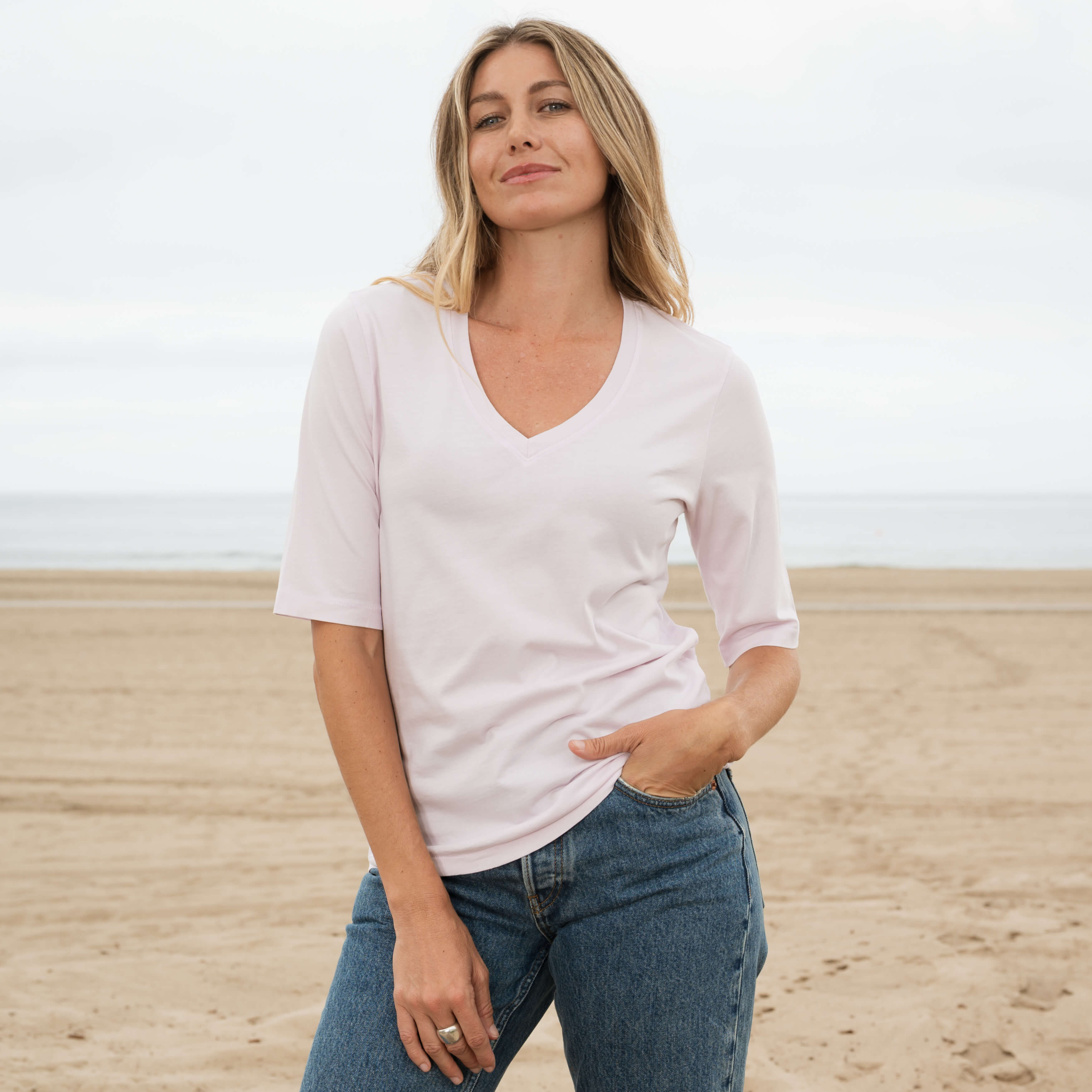 #color_light-pink Women Elbow Sleeve V-neck
