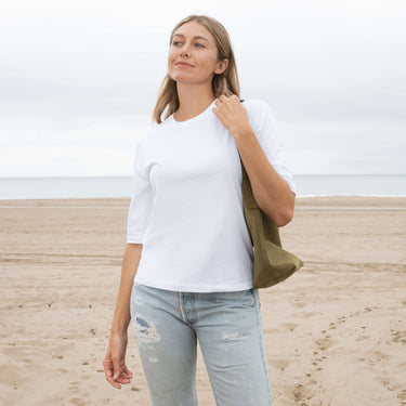 #color_white Womens Elbow Sleeve Crew Neck 