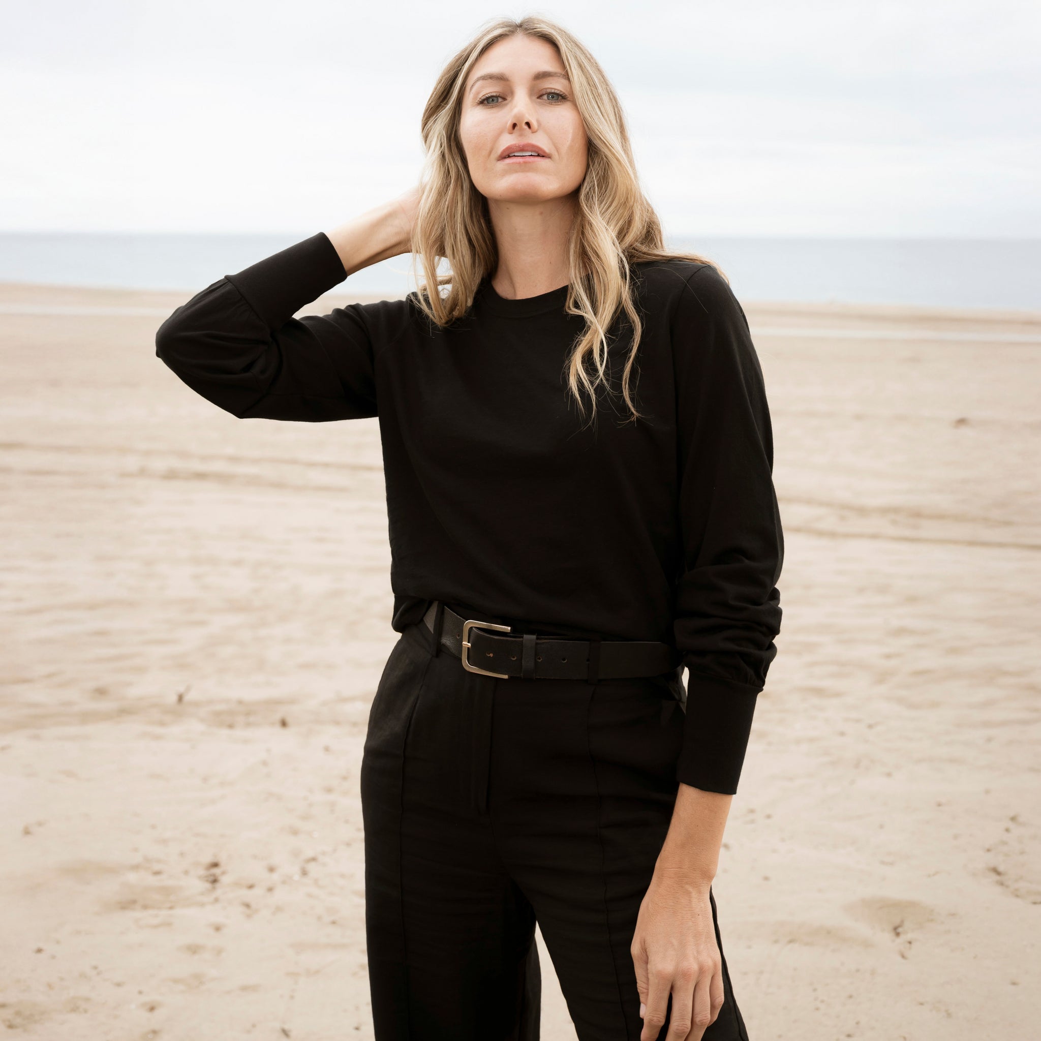 Womens Long Sleeve Tee with Ribbed Cuffs - Black