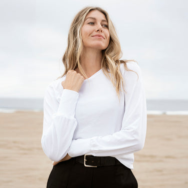 #color_white Women Long Sleeve Ribbed Sleeve Cuffs cotton