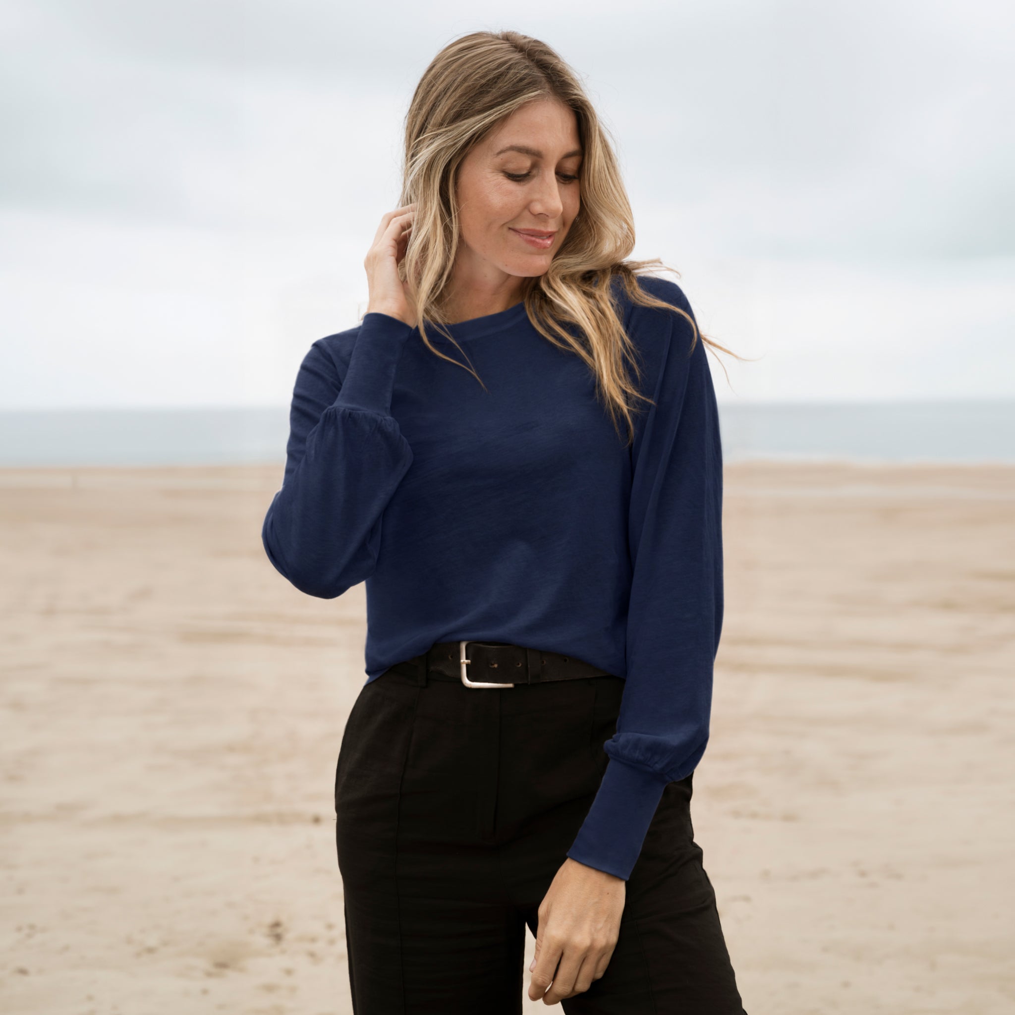 #color_blue Women Long Sleeve Ribbed Sleeve Cuffs cotton