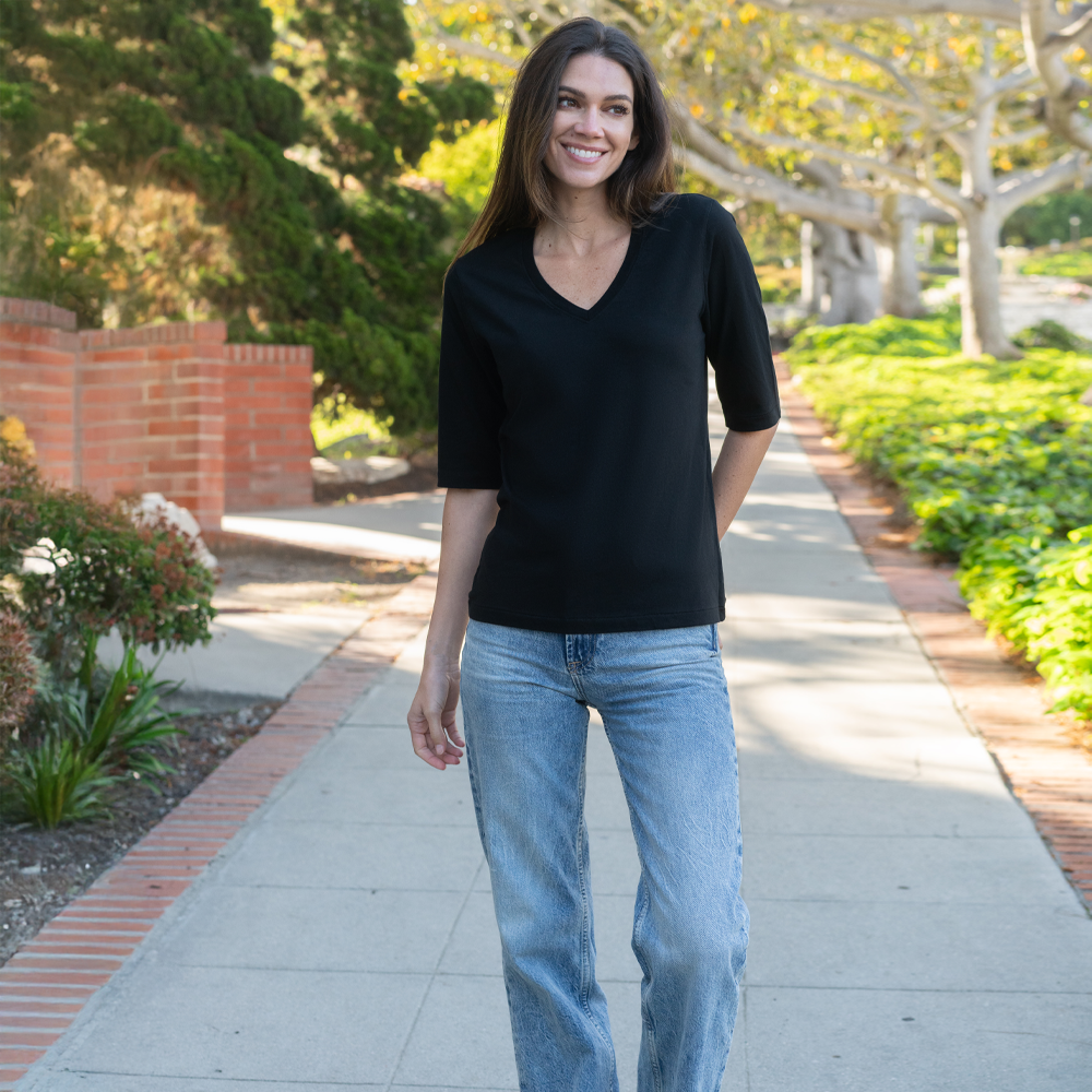 #color_black Womens Elbow Sleeve v-Neck Full view