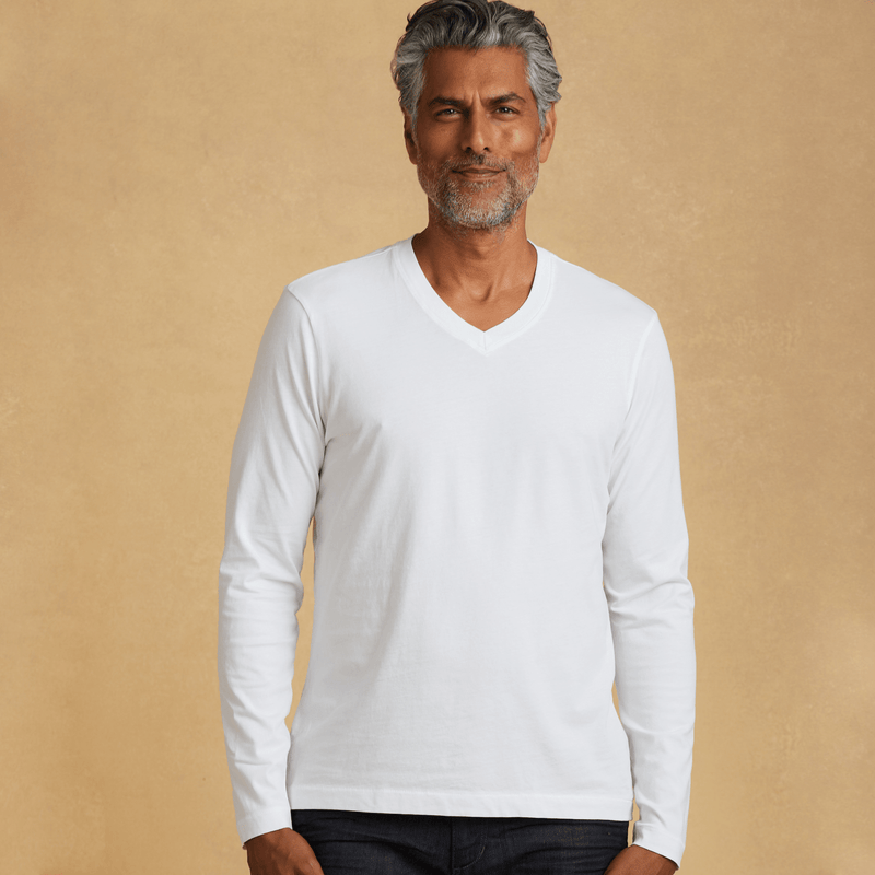 white organic cotton Long sleeve V-Neck t-shirt 