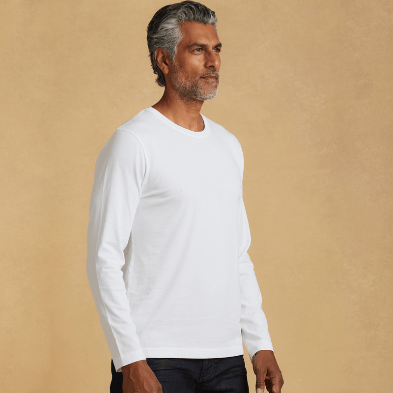 white organic men's long sleeve cotton t-shirt side