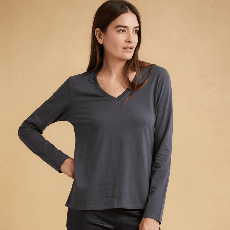 dark-grey Womens Long Sleeve V Neck