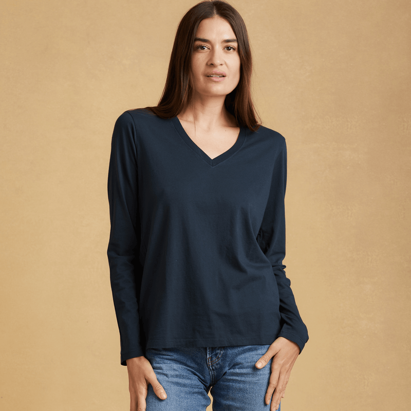 navy-blue organic cotton Long Sleeve V-Neck t-shirt