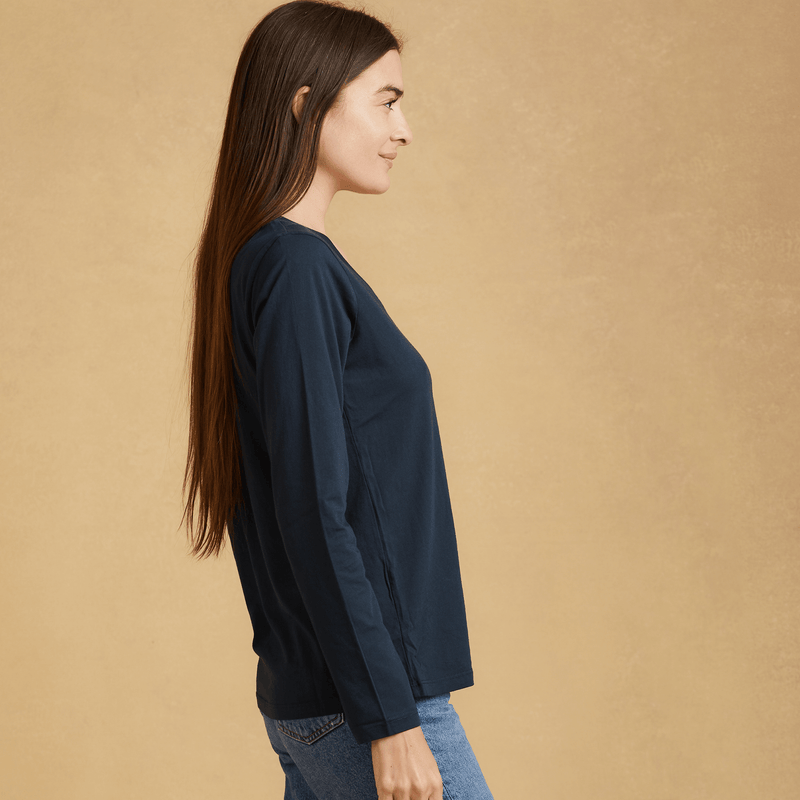 navy-blue organic cotton Long Sleeve V-Neck t-shirt