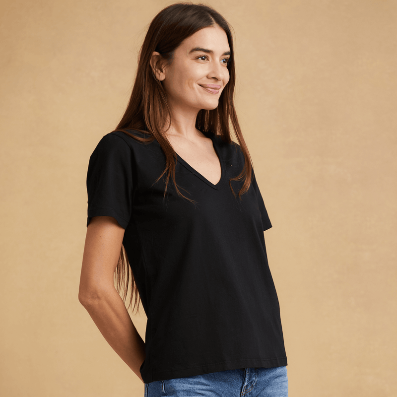 black organic cotton Short Sleeve Deep V-neck t-shirt 