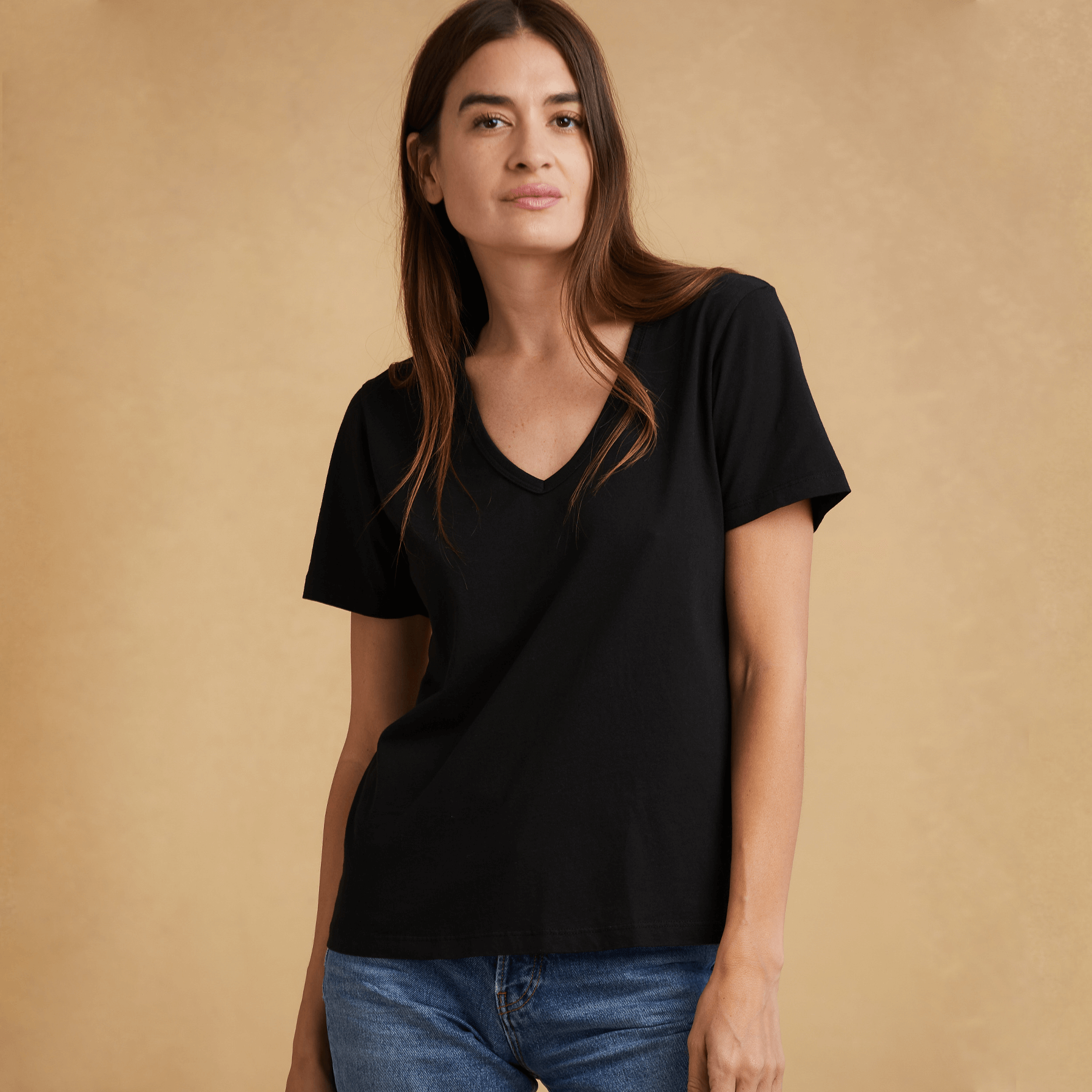 #color_black organic cotton Short Sleeve Deep V-neck t-shirt 