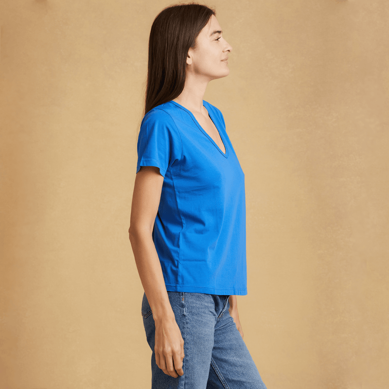 royal-blue organic cotton Short Sleeve Deep V-neck t-shirt 