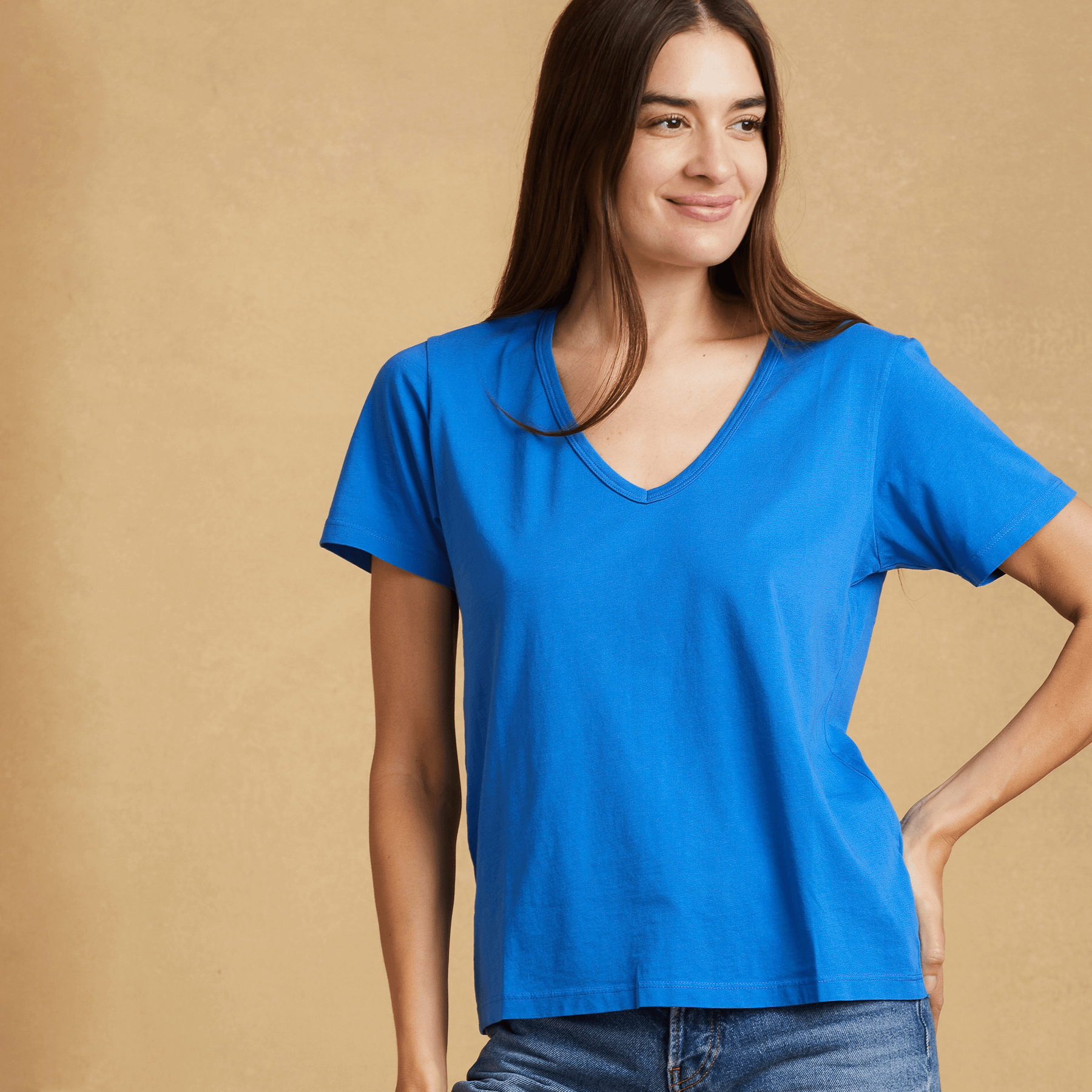 #color_royal-blue organic cotton Short Sleeve Deep V-neck t-shirt 