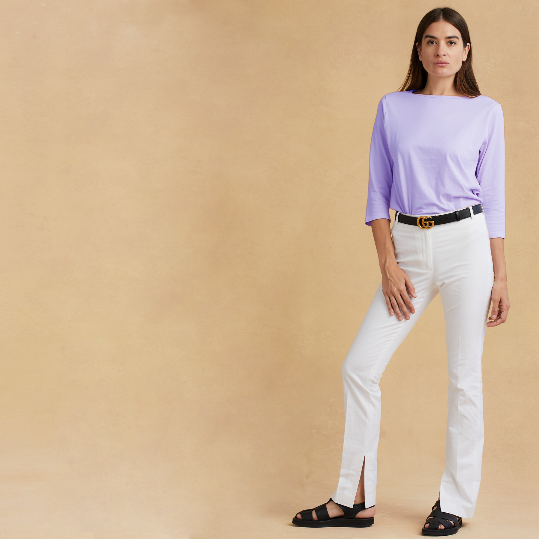#color_pastel-lilac organic cotton 3/4 Sleeve Boat Neck t-shirt