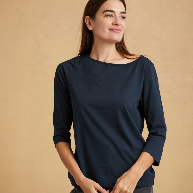 navy-blue organic cotton 3/4 Sleeve Boat Neck