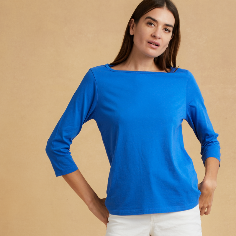 royal-blue organic cotton 3/4 Sleeve Boat Neck t-shirt