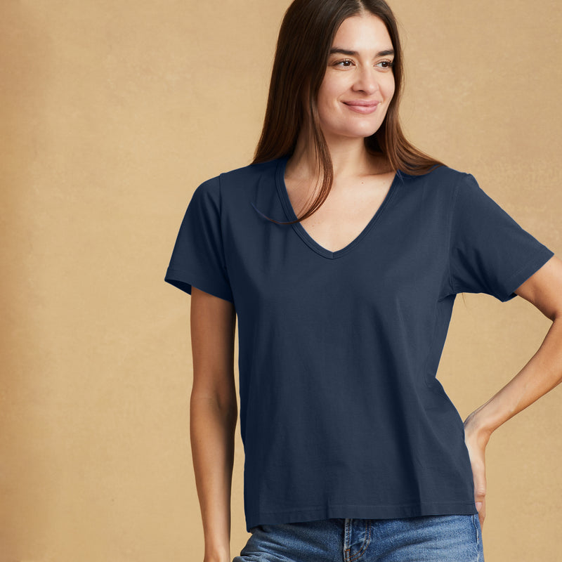 navy-blue organic cotton Short Sleeve Deep V-neck t-shirt